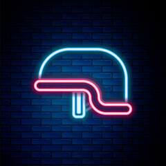 Wall Mural - Glowing neon line Military helmet icon isolated on brick wall background. Army hat symbol of defense and protect. Protective hat. Colorful outline concept. Vector