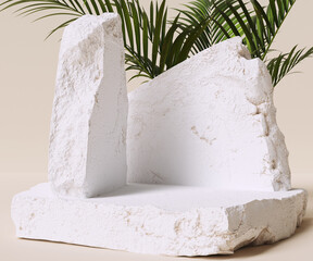 Wall Mural - White stones podium product presentation, minimal scene with green tropical plant for product display, object placement mockup 3d rendering.