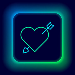 Poster - Glowing neon line Amour symbol with heart and arrow icon isolated on black background. Love sign. Valentines symbol. Colorful outline concept. Vector