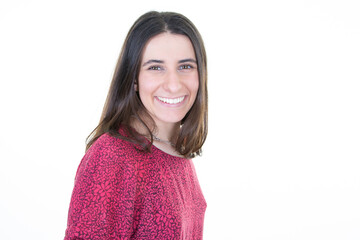 Wall Mural - Pretty woman with long brown brunette hair smiling happiness looking camera isolated in white background