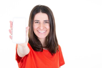 Wall Mural - Smiling woman presenting showing mobile phone with empty screen