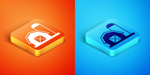 Poster - Isometric Farm house icon isolated on orange and blue background. Vector