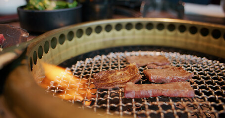 Canvas Print - Fresh slice of beef grilled on the stove in restaurant