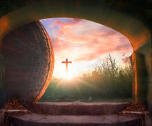 Easter Concept: Tomb Empty With Crucifixion At Sunrise