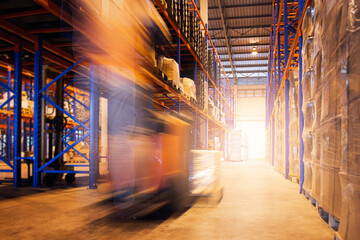 Wall Mural - Blur Motion of Workers Driving Forklift Unloading Cargo Pallets in The Warehouse. Shipping Warehouse. Delivery Service Shipment Boxes. Supply Chain Goods. Warehouse Cargo Logistics Transport.	