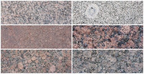 Wall Mural - Granite texture set. Collection of panoramic stone backgrounds. Natural granite with a grainy pattern. Wide panoramas with flat solid rough surface of rock.