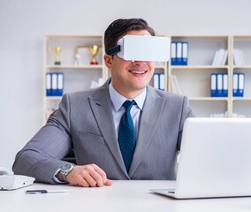 Businessman with virtual reality glasses in modern technology co