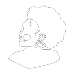 Line art portrait of African American woman with curly afro hairstyle. Continuous one line drawing woman face for logo, banner, print, tattoo, barbershop emblems. Vector illustration.