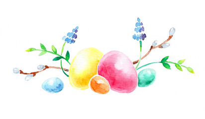 Watercolor easter wreath, painted colored eggs, willow branches, spring shoots, lavender, rustic style. Eco farming. Easter themed template for postcards, posters. Isolated on white background