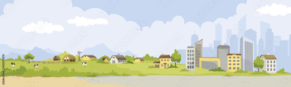 From village to city. Vector illustration, urban and rural landscapes. - obrazy, fototapety, plakaty 