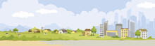From Village To City. Vector Illustration, Urban And Rural Landscapes.