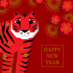 Wall Mural - Happy new year, Chinese New Year, 2022, Year of the Tiger, cartoon character, royal tiger. Chinese background. Holiday Chinese banner with horoscope sign of 2022. Red, gold design. Chinese new year