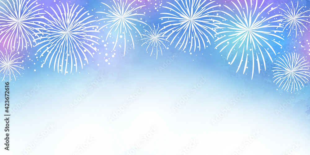 淡い水彩風の花火のベクターイラストフレーム背景(白バック、コピー