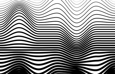 Wall Mural - Black and White Retro Vector Illustration. Art optical wave abstract background, black and white. Modern pattern of black wavy lines on a white background