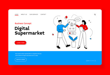 Wall Mural - digital supermarket banner template. linear vector illustration of female manager with tablet offeri