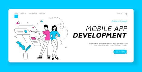 Wall Mural - mobile app development banner template. cartoon people characters developers are working on creating