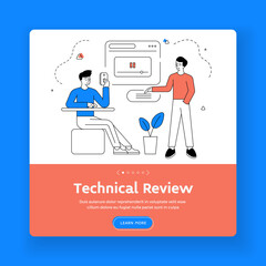 Wall Mural - technical review square banner template. vector illustration of linear male friends watching product