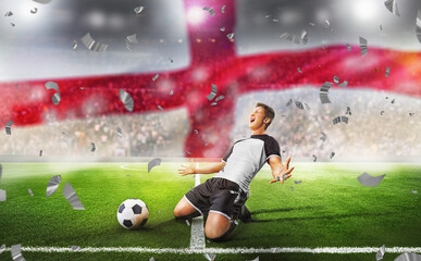 Wall Mural - Ball on the green field in soccer stadium. Professional England Soccer Player Does Knee Slide Celebrates Awesome Victory after Scoring a Goal