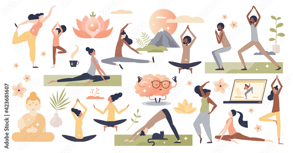 Yoga, meditation and stretching exercise for wellness set tiny person concept - obrazy, fototapety, plakaty 