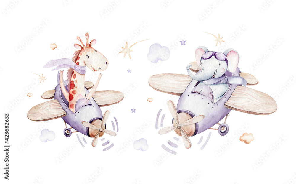 Watercolor purple illustration of a cute animal safary giraffe and fancy sky scene complete with airplanes and balloons, clouds. Baby Boy and girl pattern. baby shower - obrazy, fototapety, plakaty 
