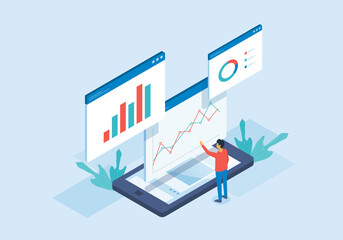 Aufkleber - Isometric flat vector web analysis and people working for data analytics and monitoring on web report dashboard monitor and business finance investment concept