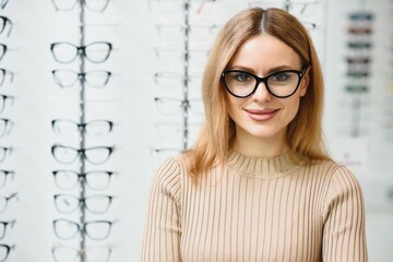 Health care, eyesight and vision concept - happy woman choosing glasses at optics store. Portrait of beautiful young woman trying new glasses in optician store