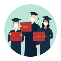 Wall Mural - Graduate students in masks. College. Vector icon.