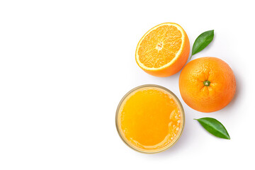 Canvas Print - Flat lay (top view) Glass of 100% Orange juice with fruits and  leaf isolated on white background.