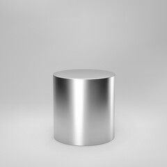 Silver 3d cylinder front view with perspective isolated on grey background. Cylinder pillar, chrome steel pipe, museum stage, pedestal or product podium. 3d geometric shape vector