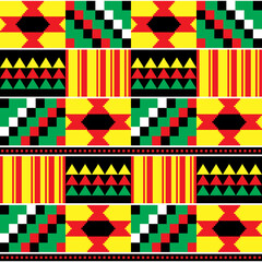 Wall Mural - Tribal Kente mud cloth style vector seamless textile pattern, African traditional geometric nwentoma design - rasta colors
