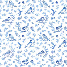 Seamless Pattern In Blue Toile De Jouy Style With Titmouse Birds On A Branch (also Called Great Tit, Parus Major) Texture For Wallpaper, Wrapping Gift, Fashion Fabric. Watercolor Illustration Isolated