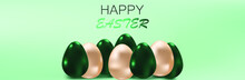 Easter Poster Or Banner Template With Golden, Green Easter Eggs  In Light  Background.  Greeting Card Trendy Design. Vector Illustration Template For You Poster Or Flyer.