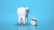 Dental floss. Flossing your teeth. Tooth and dental floss on a blue background. 3d render
