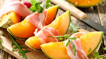 Wall Mural - melon with prosciutto ham and raspberry