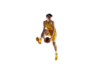 Wall Mural - Young Caucasian basketball player training isolated on white background.