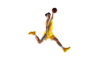 Wall Mural - Young Caucasian basketball player training isolated on white background.