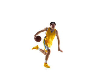 Wall Mural - Young Caucasian basketball player training isolated on white background.