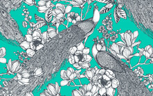 Vector Seamless Pattern Of Magnolia Flowers, Branches And Peacocks.