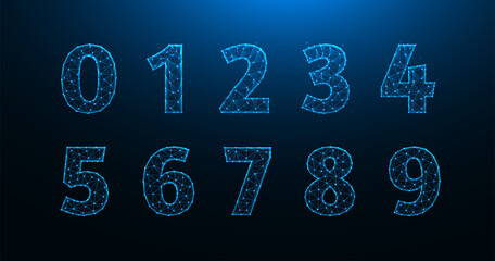Polygonal vector illustration of numbers from zero to nine. A set of numbers made from lines and dots.