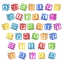 Letter Blocks Font. 3d Children Toys English Alphabet, Baby Cubes Different Angles, Bright Color Letters And Numbers, Cartoon Multicolor Typeface, Kids Educational Items Vector Isolated Set