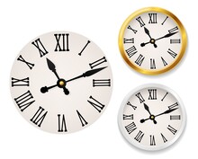Clock Face Retro. Wall Tower Clocks With Roman Numerals And Antique Classic Hands In Golden And White Round Watch Case. Elegant Design Vintage Interior Decor Vector Realistic Set