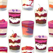 Seamless pattern with traditional English dessert trifle. Endless texture with sweet cake, fruits and cream in glass. Illustration can be used for restaurant and cafe menu and food projects.