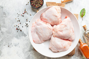 raw chicken thigh fresh meat poultry legs healthy meal top view copy space for text food background rustic