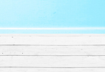 Poster - Wooden table with blue ocean view