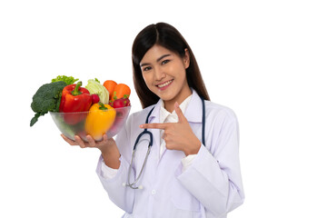 Doctor or nutritionist holding fresh fruit (Orange, red and green apples) and smile in clinic. Healthy diet Concept of nutrition food as a prescription for good health, fruit is medicine