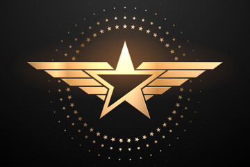 Wall Mural - gold star with wings on black background
