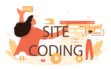 Sticker - site codding typographic header. building and development process.