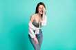 © deagreez - Photo of attractive charming young lady hold hand face laugh smile isolated on pastel teal color background