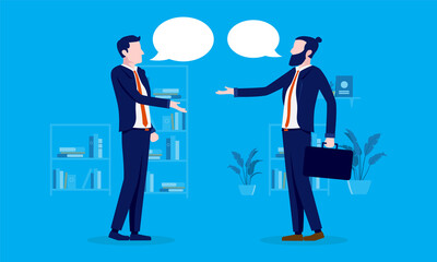 Aufkleber - Discussion in office - Two businessmen communicating with speech bubbles over head in corporate setting. Vector illustration.