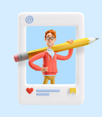 Sticker - 3d illustration. Social media concept.  Nerd Larry holding big pencil.